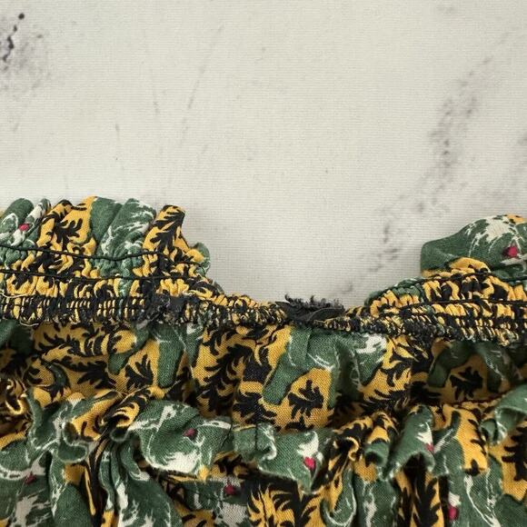 J.Crew Womens Off Shoulder Ratti Top Size M Yellow Green Elephants Ruffle Button - Picture 6 of 12